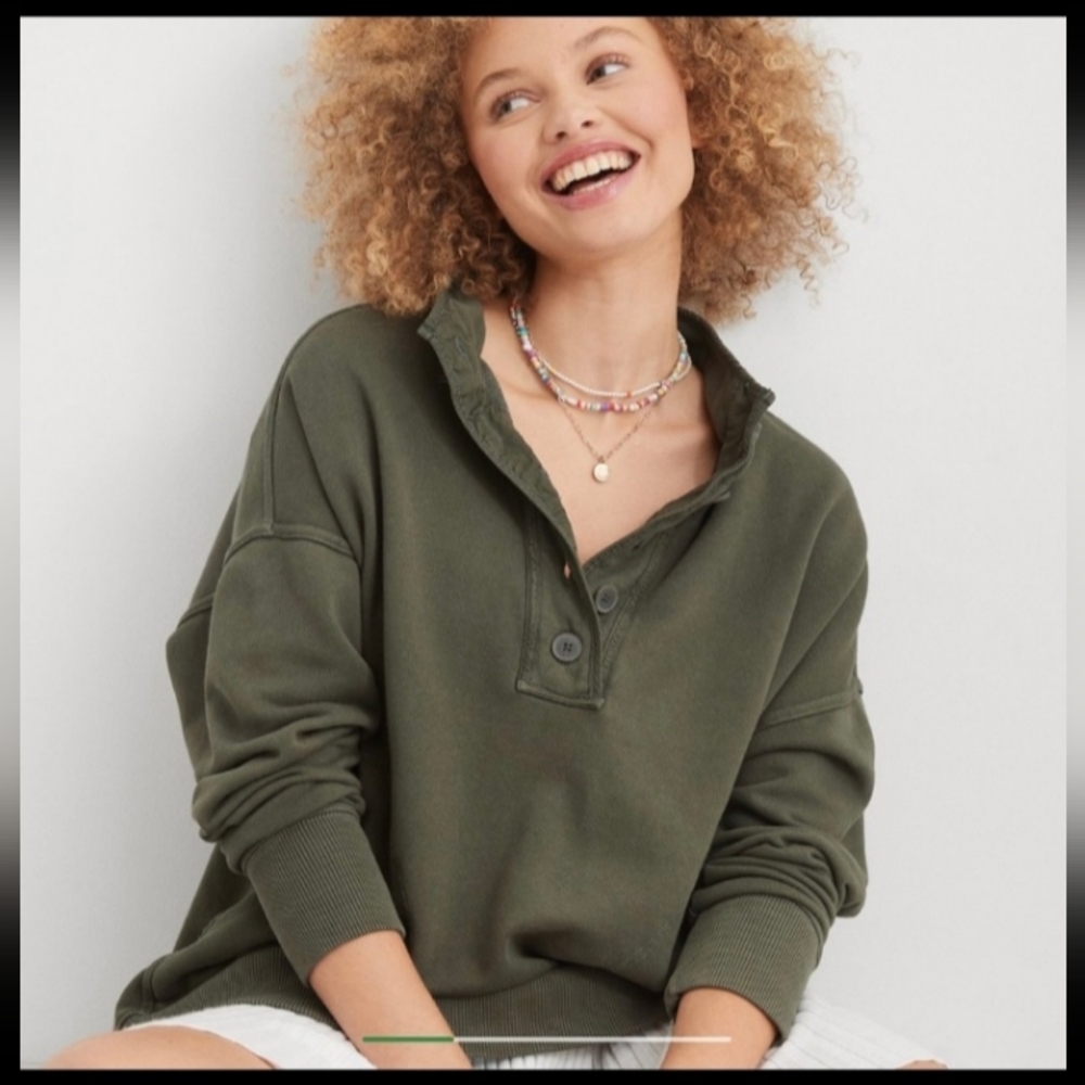 NEW Aerie Olive Green Pullover Oversized Henley Sweatshirt Size Medium
